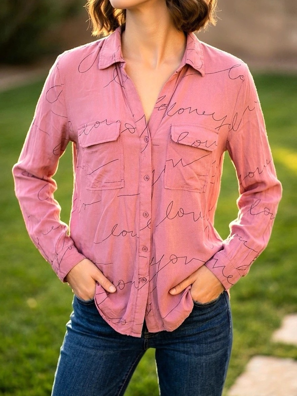 Milk & Honey Women's Pink Printed Button Down Shirt Size XL Casual, Office